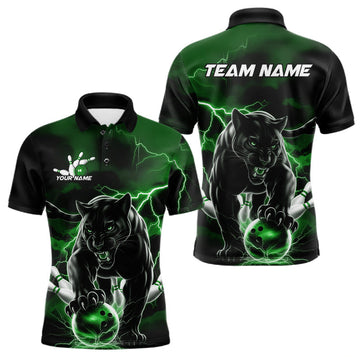 Maxcorners Green Thunder Lightning Custom Panther Men Bowling Polo Shirts, Panther Bowling Jerseys LM2602