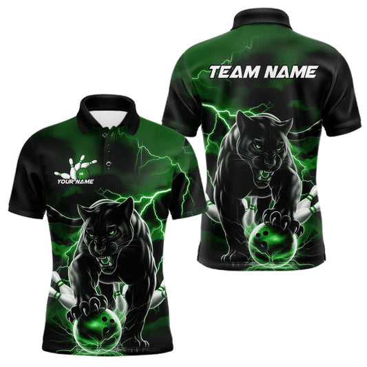 Maxcorners Green Thunder Lightning Custom Panther Men Bowling Polo Shirts, Panther Bowling Jerseys LM2602