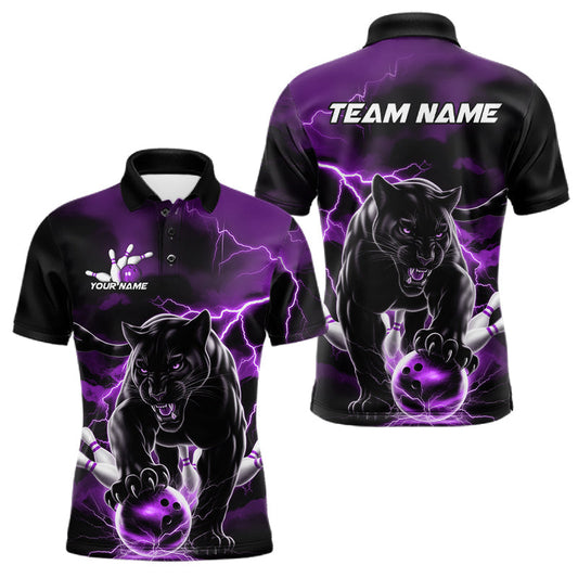 Maxcorners Purple Thunder Lightning Custom Panther Men Bowling Polo Shirts, Panther Bowling Jerseys LM2602