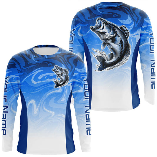 Maxcorners Custom Bass Long Sleeve Tournament Fishing Shirts, Blue Wave Camo Bass Fishing Jerseys LM0201