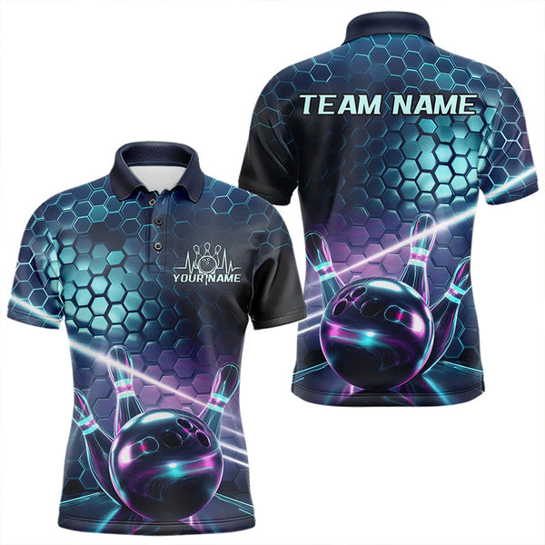 Maxcorners Custom Blue And Purple Holographic Bowling Team Polo Shirts For Men, Bowlers Outfit