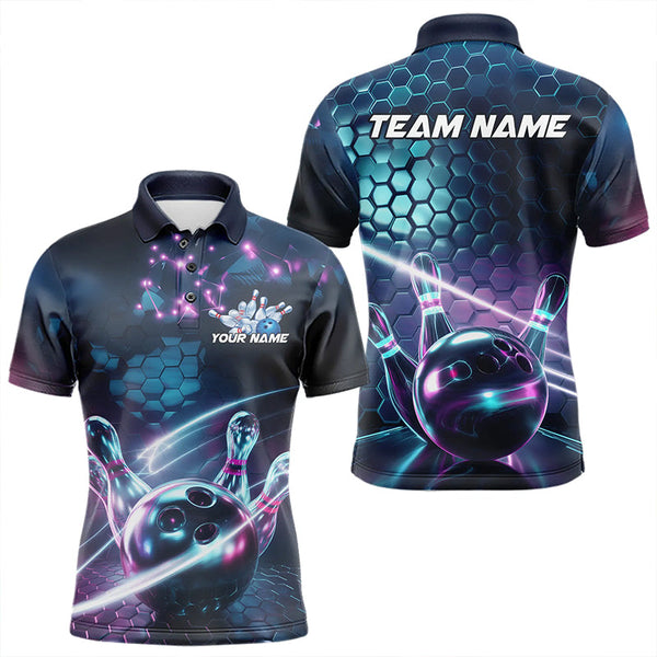 Maxcorners Custom Hexagon Holographic Bowling Team Men Polo Shirts, Galaxy Bowling League Shirt