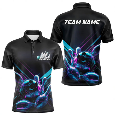 Maxcorners Custom Black, Blue And Purple Holographic Bowling Polo Shirts For Men, Bowling Team Uniform