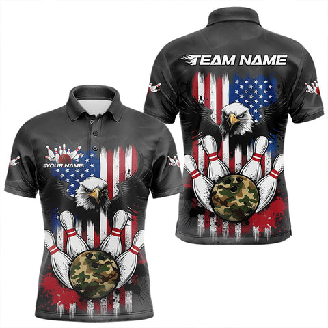 Maxcorners Custom Grunge Us Flag Eagle Bowling Men Polo Shirts, Patriotic Camo Bowling Team Shirt