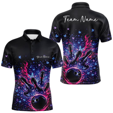 Maxcorners Custom Colorful Elegant Butterfly Bowling Men Polo Shirt, Flame Bowlers Jersey