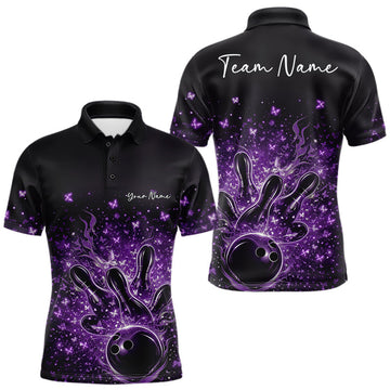 Maxcorners Custom Purple Elegant Butterfly Bowling Men Polo Shirt, Flame Bowlers Jersey