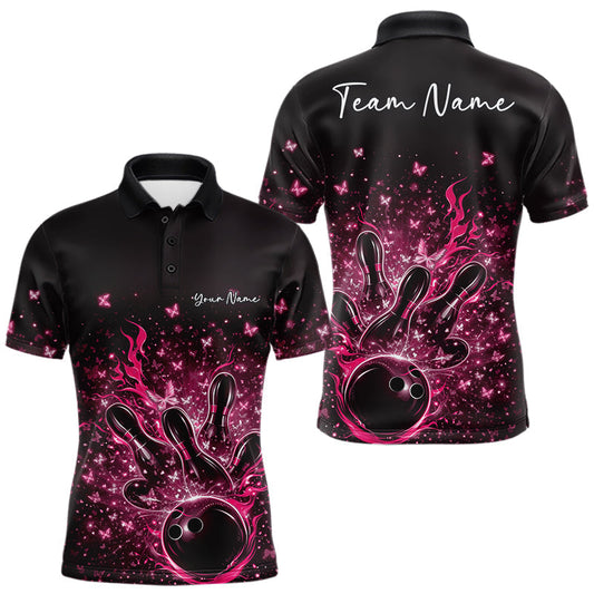 Maxcorners Custom Pink Elegant Butterfly Bowling Men Polo Shirt, Flame Bowlers Jersey
