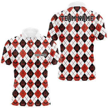 Maxcorners Custom Funny White, Black And Orange Halloween Bowling Argyle Pattern Men Polo Shirt