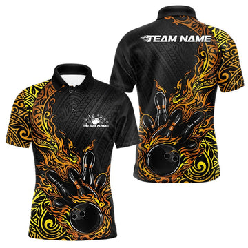 Maxcorners Custom Black And Gold Tribal Flame Bowling Ball Bowling Team Shirts, Polynesian Bowling Tournament Shirt LM1501