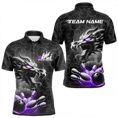 Maxcorners Custom Black And Purple Dragon Bowling Men Polo Shirts, Bowling Pattern Dragon Bowler Outfit LM193