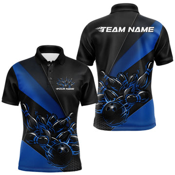 Maxcorners Custom Black And Blue Flame Men Bowling Team Shirts, Bowling League Shirt Bowler Jerseys