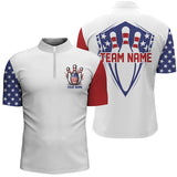 MaxCorners Bowling And Pins American Flag  Customized Name, Team Name 3D Stand Collar Zipper Polo Shirt For Men