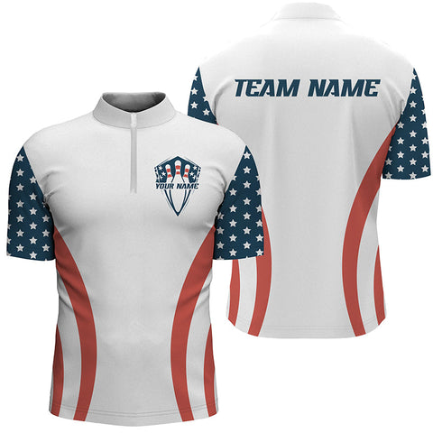 MaxCorners Bowling And Pins American Flag 1 Customized Name, Team Name 3D Stand Collar Zipper Polo Shirt For Men