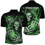 MaxCorners Bowling And Pin Green Skull Customized Name 3D Stand Collar Zipper Polo Shirt Unisex