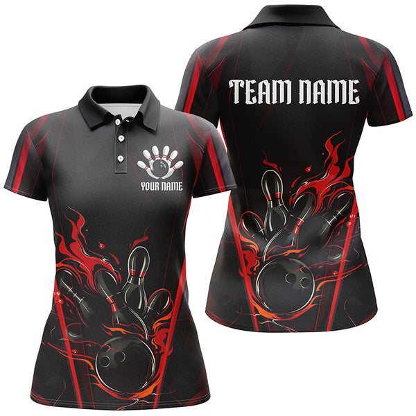 Maxcorners Black And Red Flame Custom Bowling Shirts For Men, Bowling League Shirt Team Jerseys