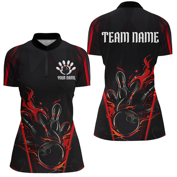 Maxcorners Black And Red Flame Custom Bowling Shirts For Men, Bowling League Shirt Team Jerseys