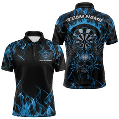 Maxcorners Custom Blue Flame Skull With Wings Dart Polo Shirt For Men, Halloween Dart Outfit LM1610