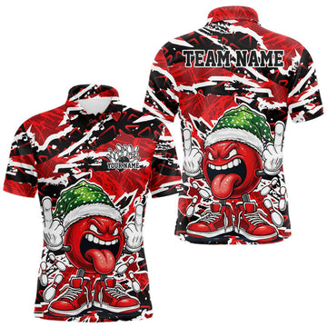 Maxcorners Custom Festive Bowling Men Polo Shirt, Holiday Bowling Ball Smash Xmas Team Jersey