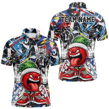 Maxcorners Custom Funny Colorful Christmas Bowling Men Polo Shirts, Crazy Bowling Ball Xmas Outfit