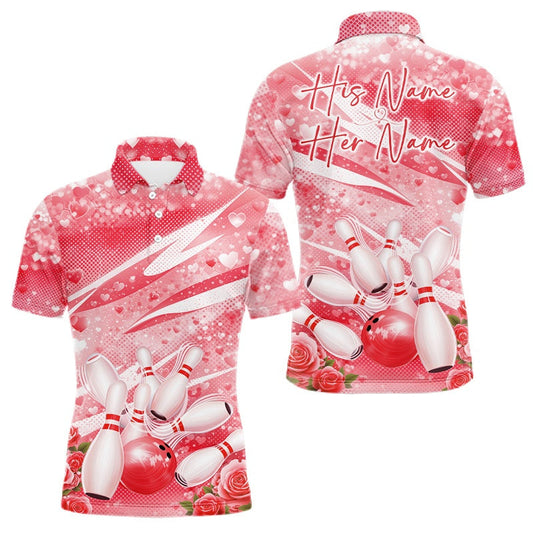Maxcorners Custom Red Heart Valentine Bowling Couples Shirt, Heart And Roses Bowling Husband And Wife Gifts With Name LM2201