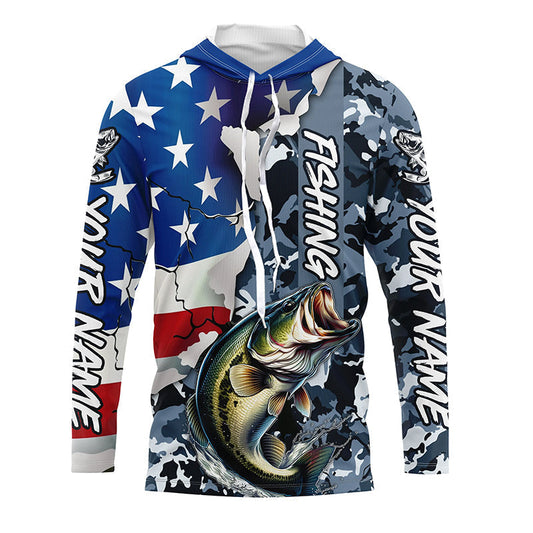 Maxcorners Custom American Flag Bass Fishing Long Sleeve Shirts, Bass Fishing Camo Tournament Fishing Jerseys LM0201