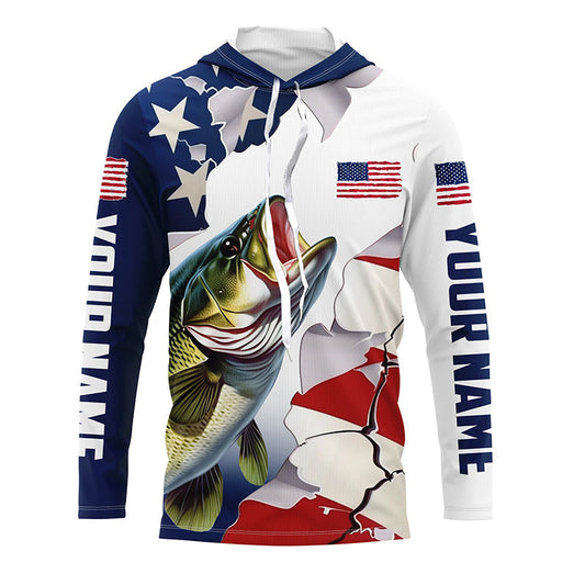 Maxcorners Personalized American Flag Bass Fishing Long Sleeve Shirts, Patriotic Bass Fishing Jerseys LM0201