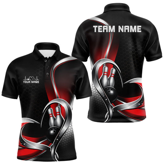 Maxcorners Custom Black And Red Heart Bowling Men Polo Shirt, Hexagon Bowling Team Jerseys LM1904