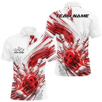 Maxcorners Custom White And Red Flame Bowling Team Jerseys, Bowling League Men Polo Shirt