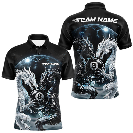 Maxcorners Custom Black And White Dragon 8 Ball Billiard Polo Shirt For Men, Dragon Pool Shirt
