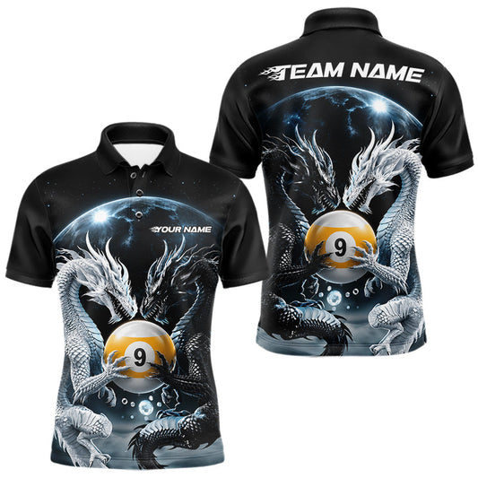 Maxcorners Custom Black And White Dragon 9 Ball Billiard Polo Shirt For Men, Dragon Pool Shirt