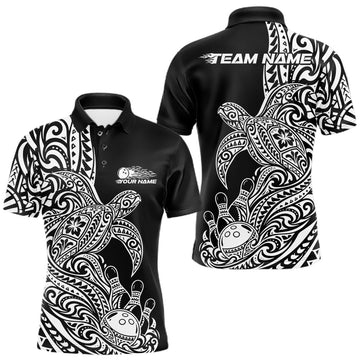 Maxcorners Custom Black And White Polynesian Tribal Turtle Bowling Jersey Team Men Polo Shirt