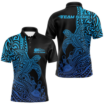 Maxcorners Custom Black And Blue Polynesian Tribal Turtle Bowling Jersey Team Men Polo Shirt