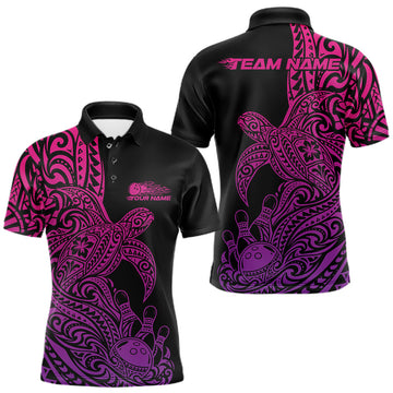 Maxcorners Custom Pink And Purple Polynesian Tribal Turtle Bowling Jersey Team Men Polo Shirt