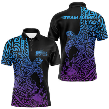 Maxcorners Custom Blue And Purple Polynesian Tribal Turtle Bowling Jersey Team Men Polo Shirt