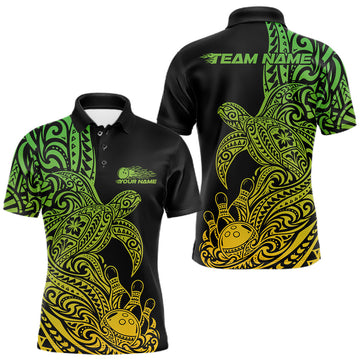 Maxcorners Custom Green And Yellow Polynesian Tribal Turtle Bowling Jersey Team Men Polo Shirt