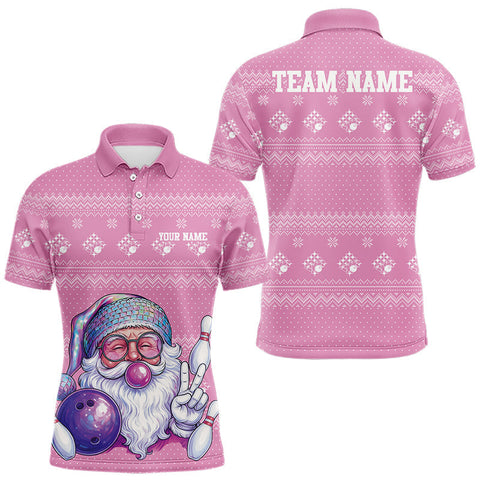 Maxcorners Custom Funny Santa Christmas Men Bowling Polo Shirts, Pink Xmas Bowling Team Outfit TU1711