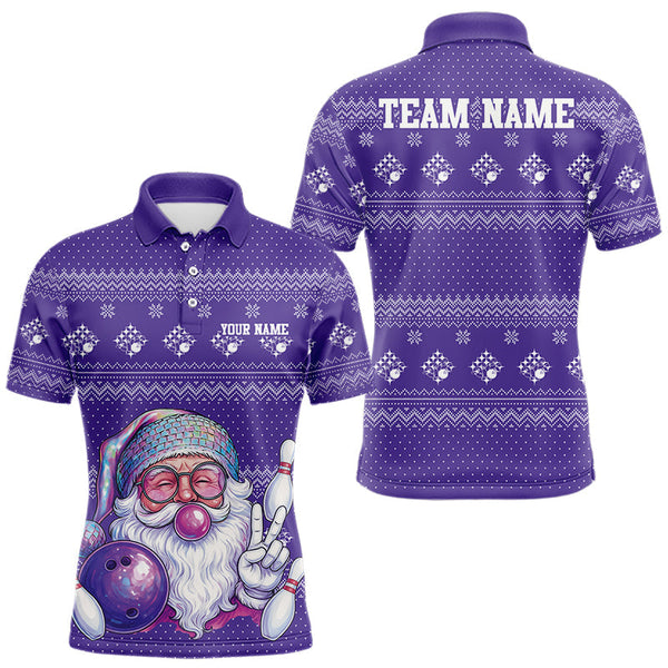 Maxcorners Custom Funny Santa Christmas Men Bowling Polo Shirts, Purple Xmas Bowling Team Outfit TU1711