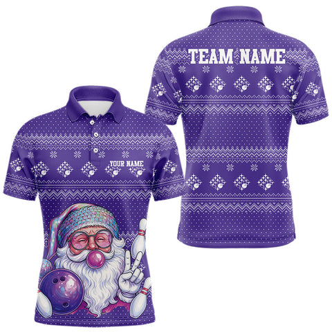 Maxcorners Custom Funny Santa Christmas Men Bowling Polo Shirts, Purple Xmas Bowling Team Outfit TU1711
