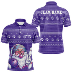 Maxcorners Custom Funny Santa Christmas Men Bowling Polo Shirts, Purple Xmas Bowling Team Outfit TU1711