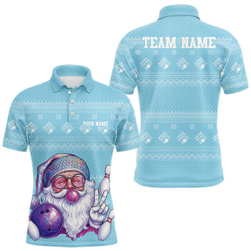 Maxcorners Custom Funny Santa Christmas Men Bowling Polo Shirts, Light Blue Xmas Team Outfit