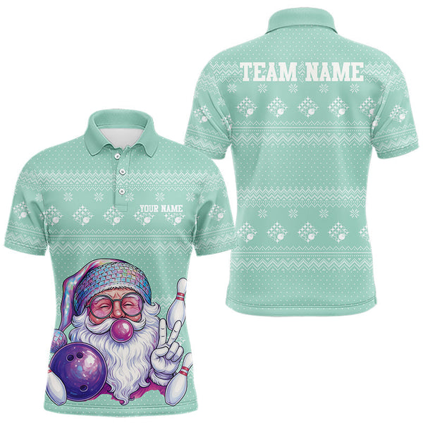 Maxcorners Custom Funny Santa Christmas Men Bowling Polo Shirts, Mint Green Xmas Team Outfit TU1711
