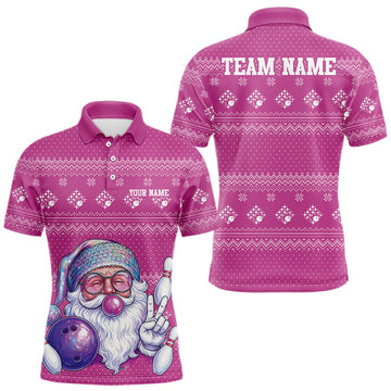 Maxcorners Custom Funny Santa Christmas Men Bowling Polo Shirts, Bright Magenta Xmas Team Outfit