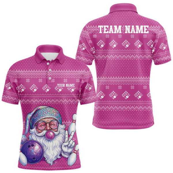Maxcorners Custom Funny Santa Christmas Men Bowling Polo Shirts, Bright Magenta Xmas Team Outfit TU1711