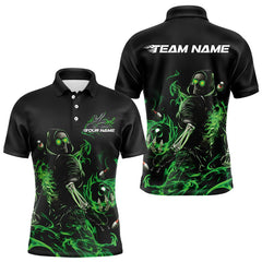 Maxcorners Custom Black And Green Flame Skeleton Bowling Polo Shirts For Men, Skull Bowling Jerseys