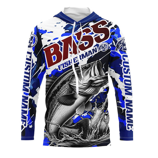 Maxcorners Personalized Bass Fisherman Long Sleeve Fishing Shirt, Red White And Blue Camo Fishing Jerseys LM0201