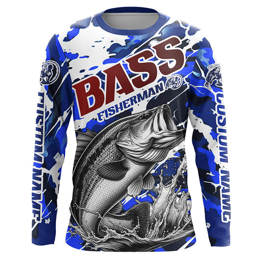 Maxcorners Personalized Bass Fisherman Long Sleeve Fishing Shirt, Red White And Blue Camo Fishing Jerseys LM0201