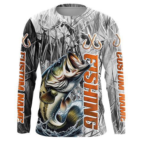 Maxcorners Largemouth Bass Fishing Custom Long Sleeve Tournament Fishing Shirts, Gray Camo Bass Fishing Jerseys LM2408