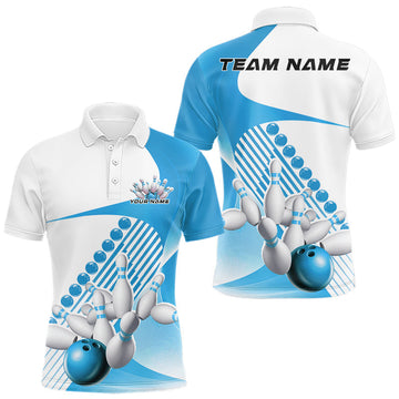 Maxcorners Custom White And Light Blue Bowling Ball And Pins Men Polo Shirt, Bowling Team Jerseys LM1904