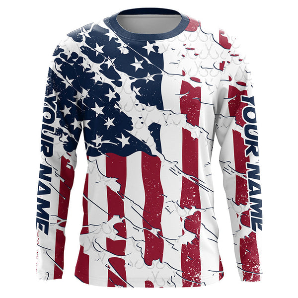Maxcorners Personalized USA Flag Long Sleeve Fishing Shirts Uv Protection, Patriotic Fishing Apparel MT2108
