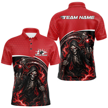 Maxcorners Custom Red Fire Flame Grim Reaper Skull Halloween Men Bowling Polo Shirt, Bowler Outfit